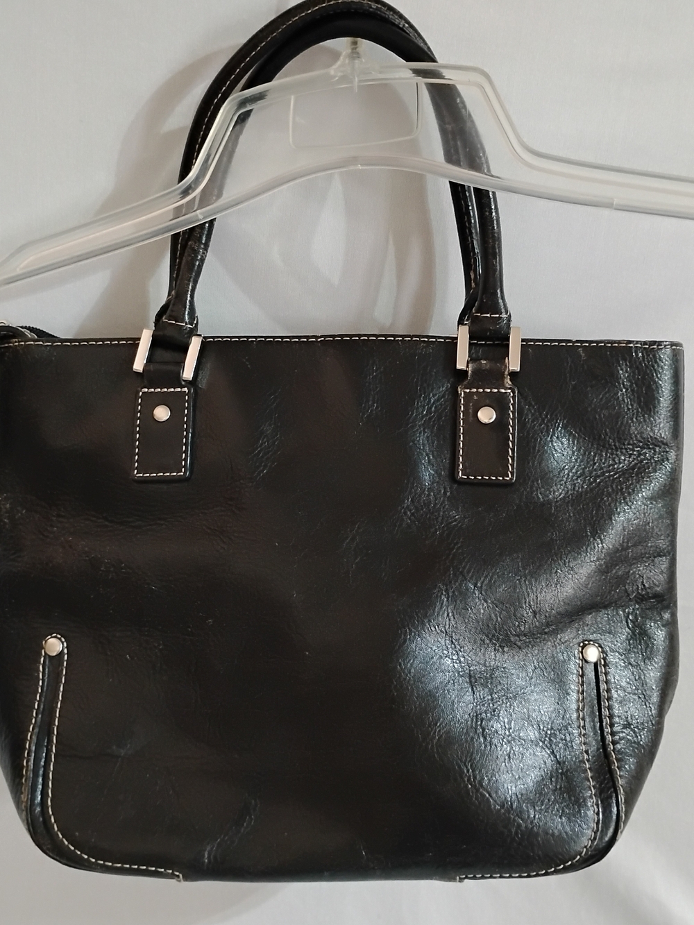 Etienne Aigner Classic Black Leather Hand Tote Bag with Contrast Stitching